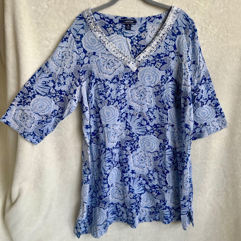 Lands End Cotton Floral Swim Coverup Tunic White Embroidered V-Neck Plus 1X